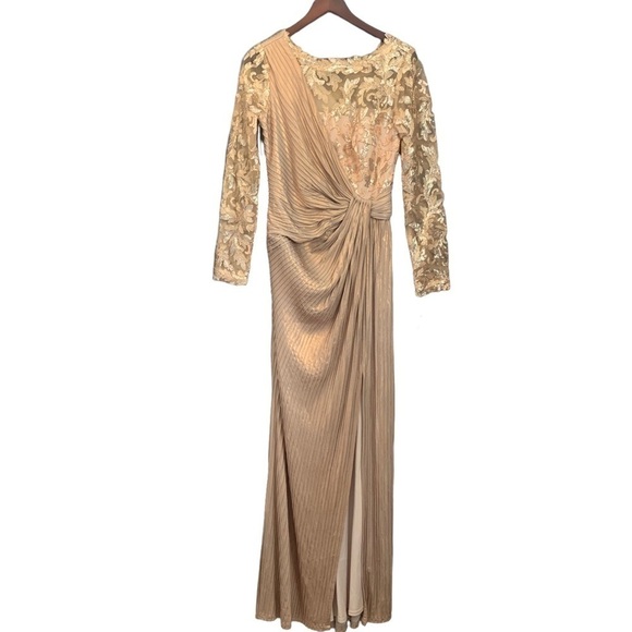 Tadashi Shoji Sequin Pintuck Lace Evening Gown/Champagne/ Size S NWT - Picture 3 of 9